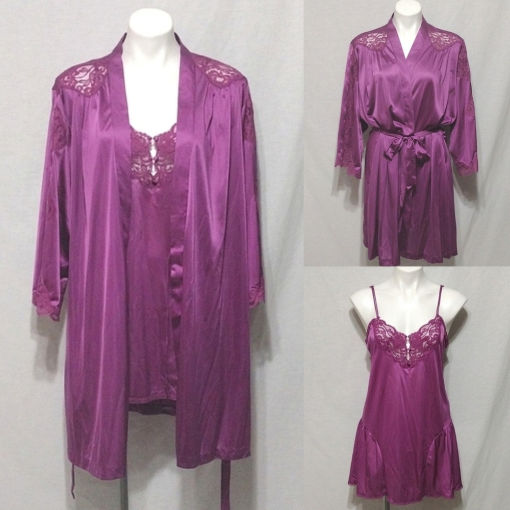 Miss Elaine Vintage Purple Satin Nightgown & Robe Set S/L Luxurious Sleepwear